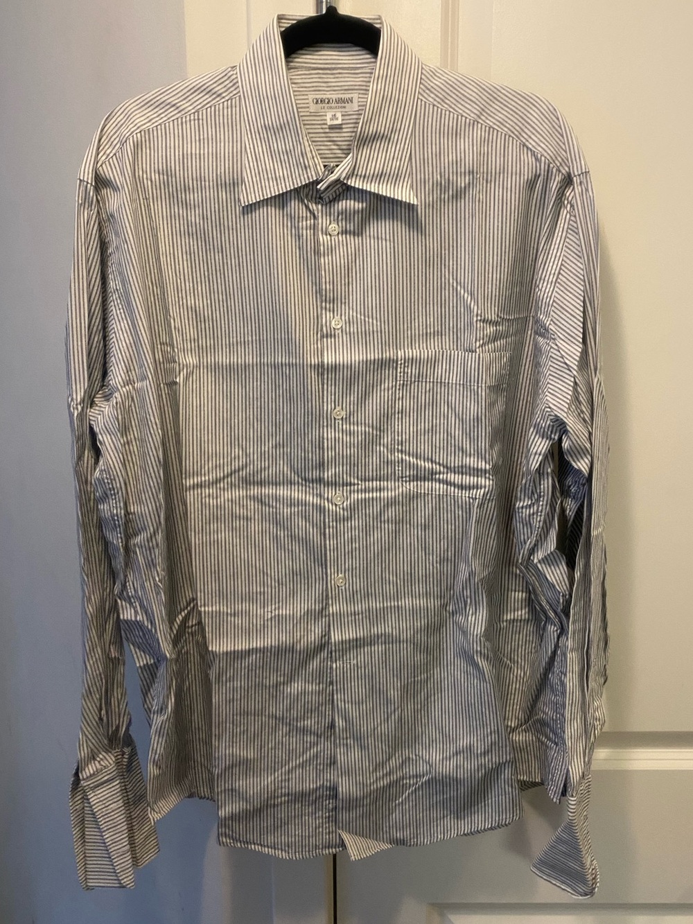 Giorgio Armani Men's White and Blue Pinstripe Dress Shirt